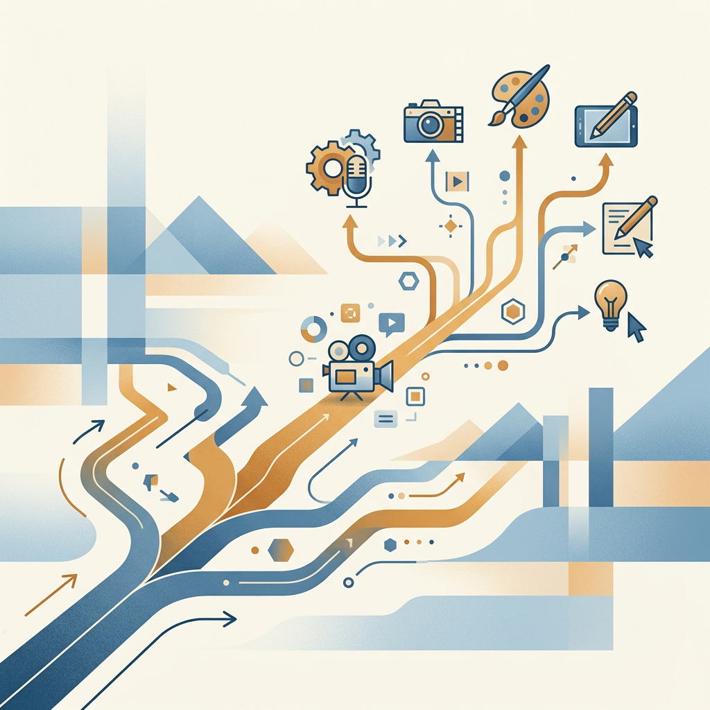 Abstract branching pathways connecting creative tools and media icons