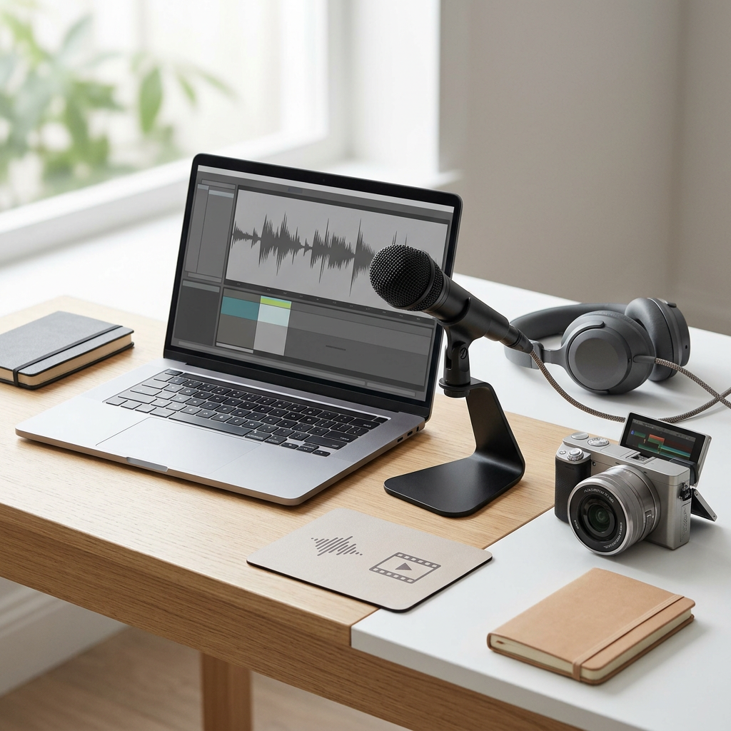 Laptop displaying audio waveform beside microphone, headphones, camera, and notebooks