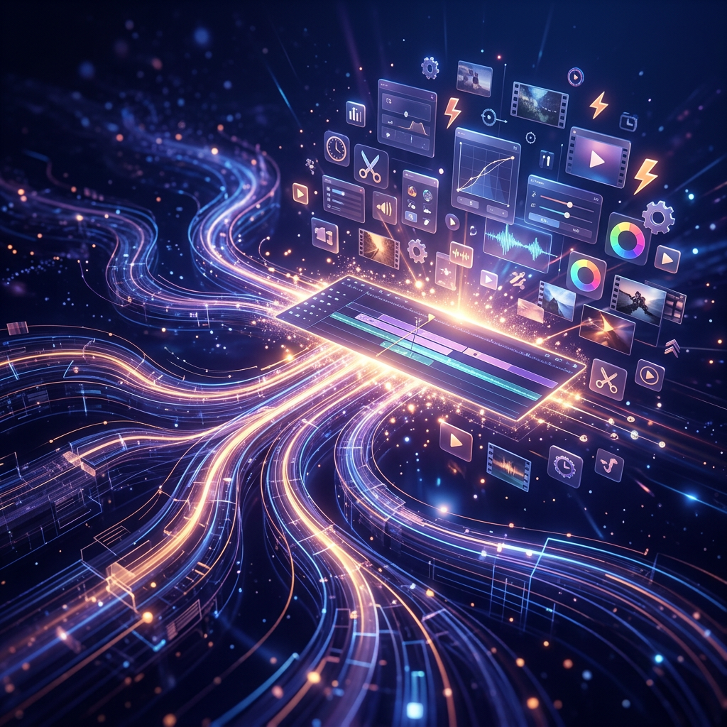 Glowing data streams converge beneath floating video editing and analytics interfaces
