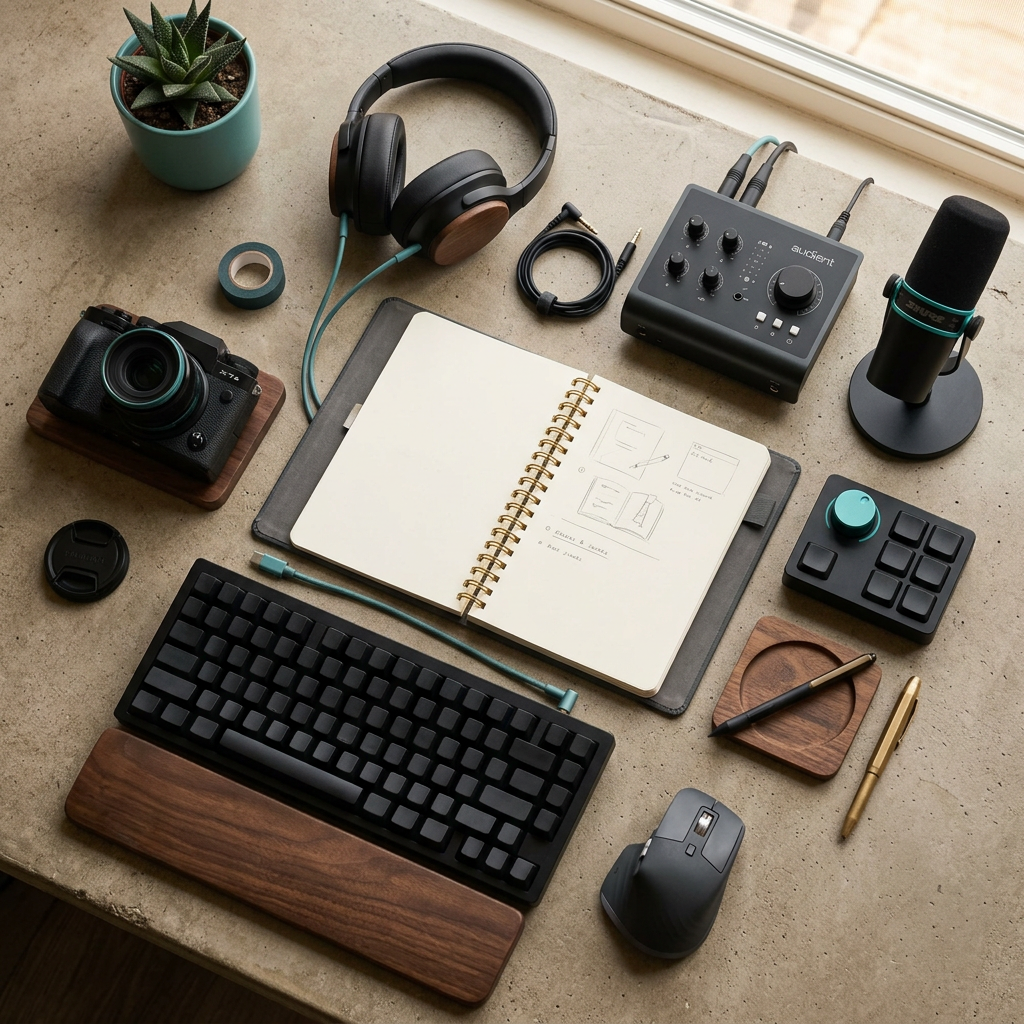 Creative workspace with camera, headphones, microphone, keyboard, notebook, and audio mixer